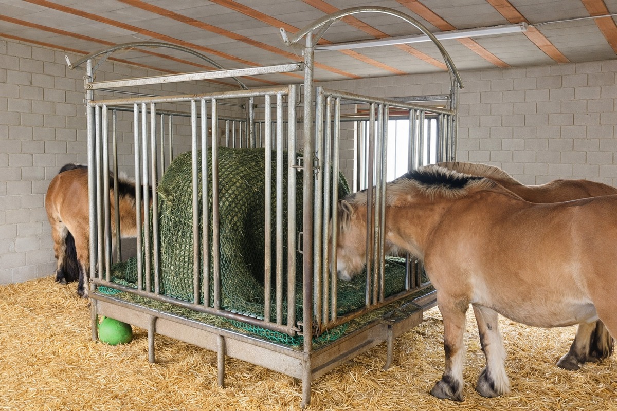Rundballen in Heuraufe mit Heunetz im Offenstall – Material muss UV und Scheuern aushalten