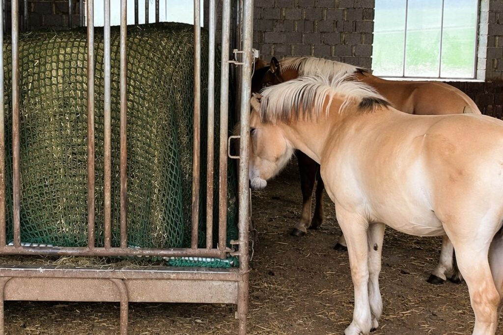 Heuraufe mit Sicherheitsfressgitter im Offenstall: Welche bei uns wirklich passt – und welche Heunetze dazu funktionieren