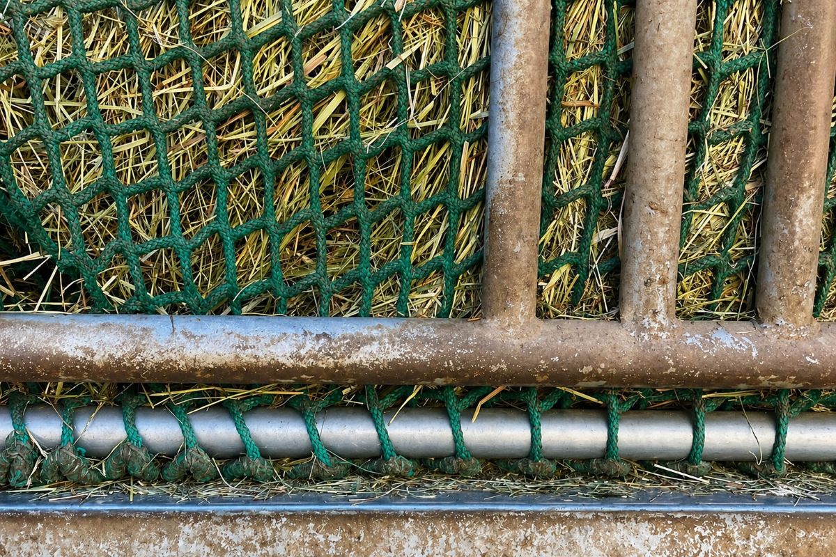 Heunetz am Metallrahmen im Offenstall befestigt
