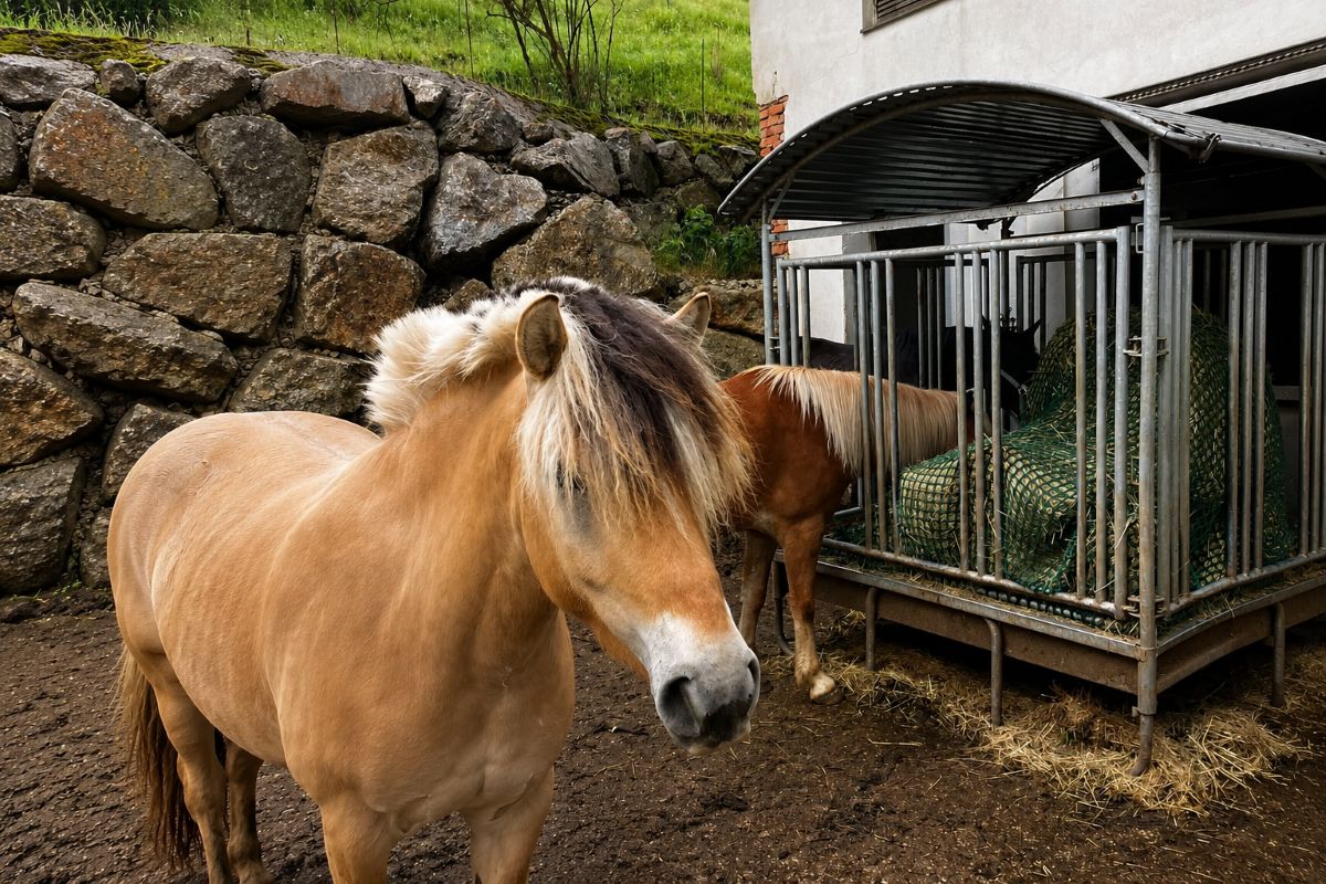 Pferd steht im Offenstall abseits von der Heuraufe
